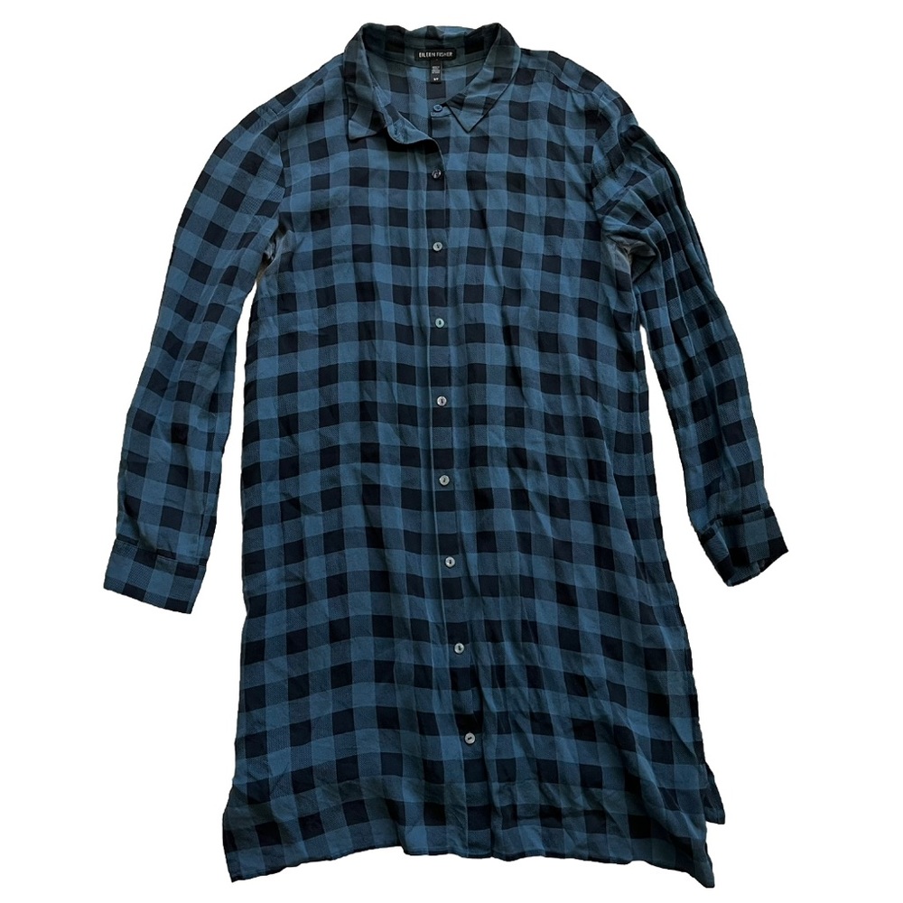 EILEEN FISHER 100% SILK BUFFALO PLAID BUTTON DOWN TUNIC SIZE SMALL SOPHISTICATED - Picture 7 of 7